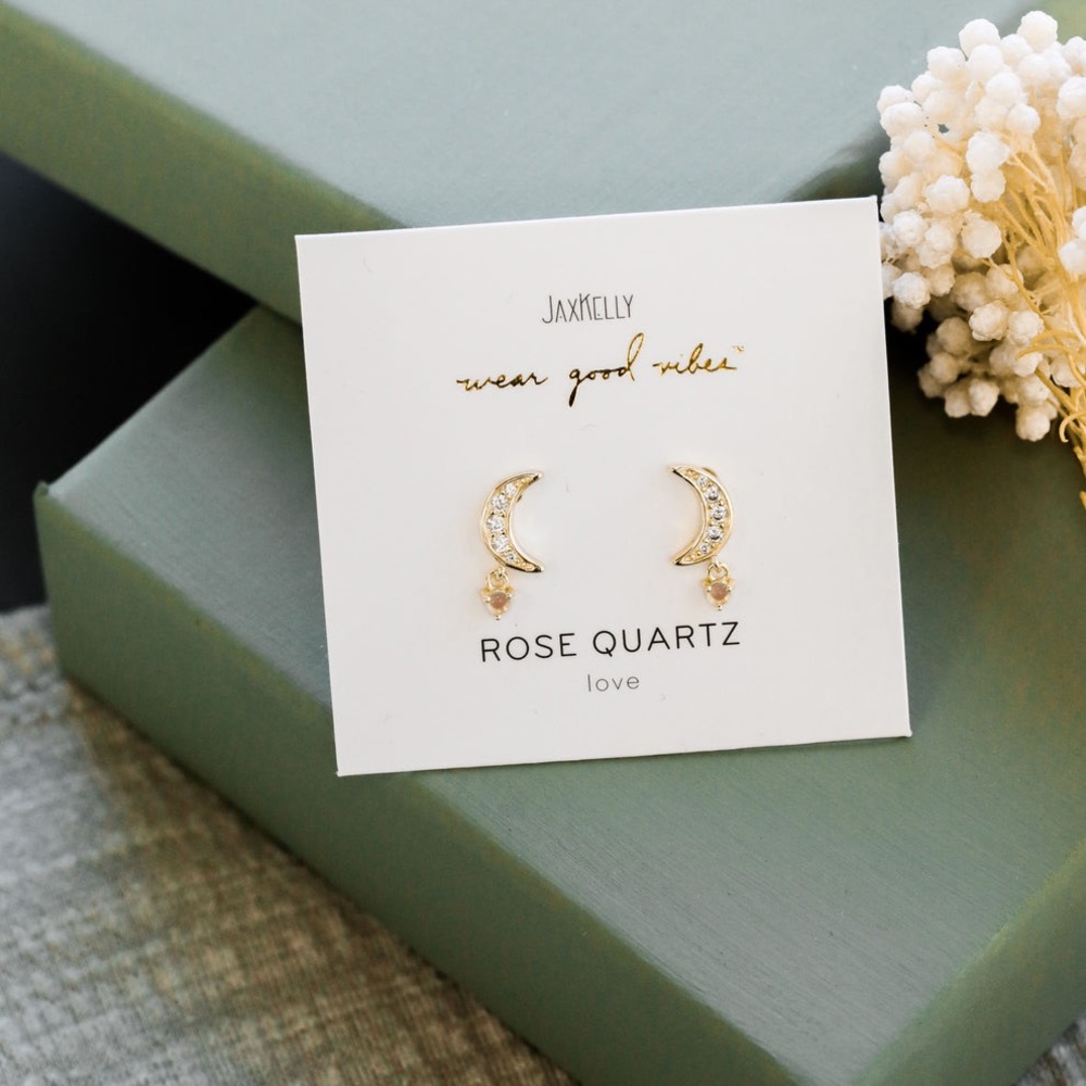 JaxKelly Moon Drop Earrings Rose Quartz Love